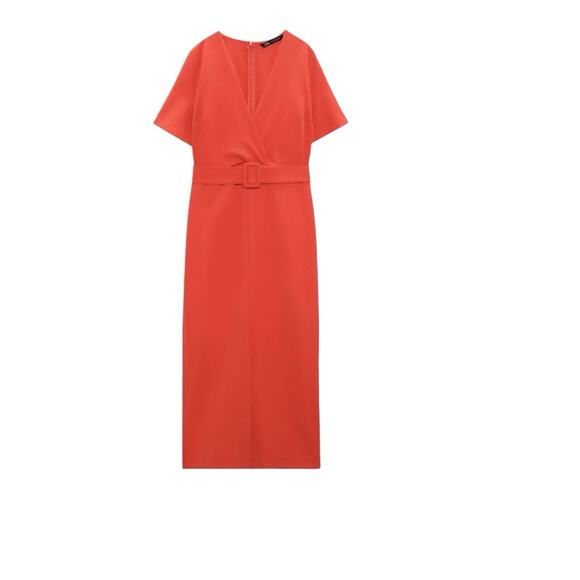 ZARA Midi Dress Belted Orange Sheath Large - Picture 9 of 12